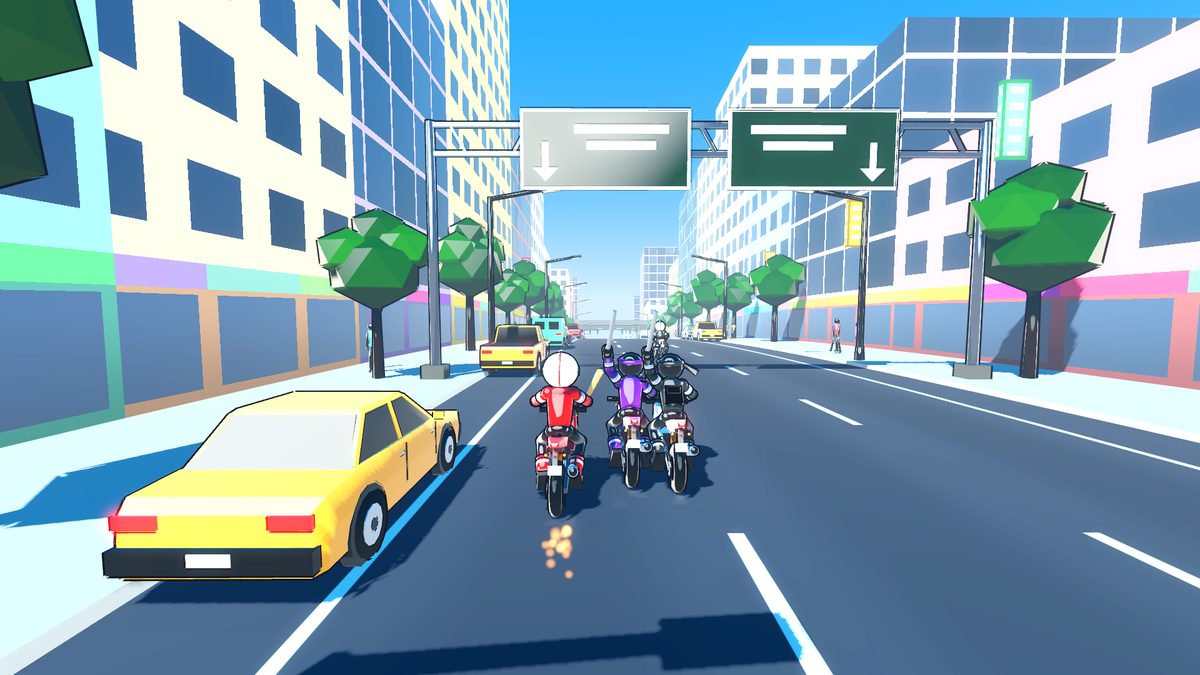 Riders weaving through traffic under highway signs